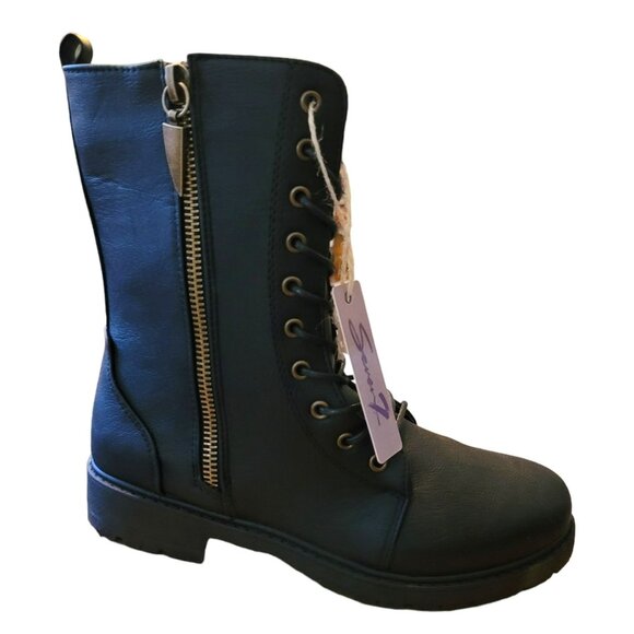 Seven7 Black Boots Mr. Zipper Brass Side Zip Lace-up Faux Leather Size 10 JJ3363 - Picture 5 of 11